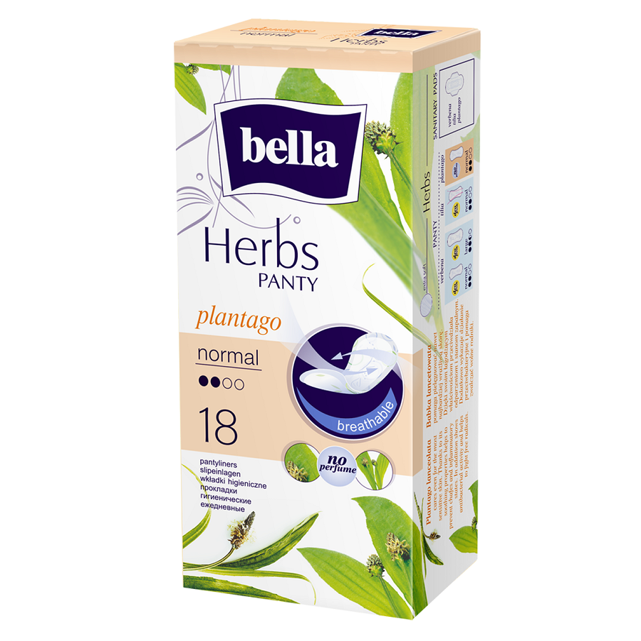 Absorbante Zilnice Panty Herbs Patlagina, 2 Picaturi, 18 bucati - Bella