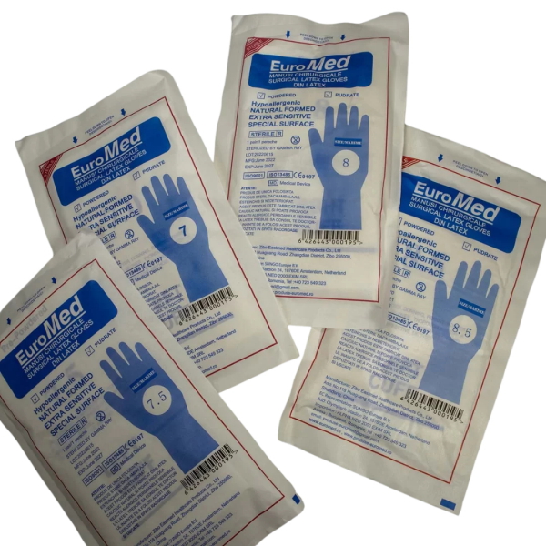 Manusi chirurgicale pudrate din latex, sterile, marimi 6,5 – 7 – 7,5 – 8 – 8,5 Manusi chirurgicale pudrate din latex, sterile, marimi 6,5 – 7 – 7,5 – 8 – 8,5