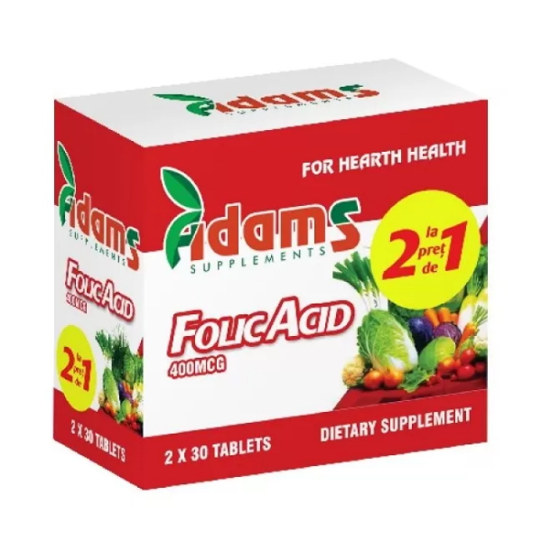 Pachet Acid Folic, 400 mcg, 30 tablete - Adams (1+1 Gratuit)