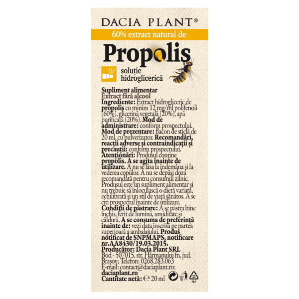 Propolis fara alcool spray, 20 ml - Dacia Plant